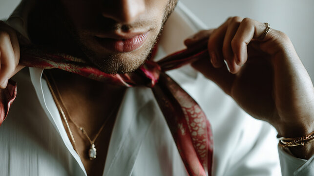 Editorial fashion portrait of handsome man adjusting silk neckerchief for a luxury menswear styling concept, capturing close up hands tying black patterned scarf in white shirt.