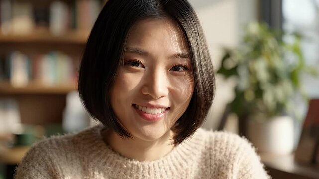 Young Woman Smiling Warmly In Cozy Interior - A close-up shot of a young Asian woman with a bob haircut, wearing a textured sweater, smiling warmly.