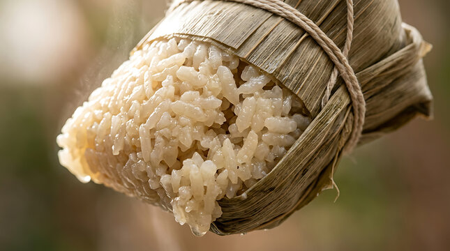 Steaming Zongzi wrapped in bamboo leaves, traditional Chinese sticky rice dumpling