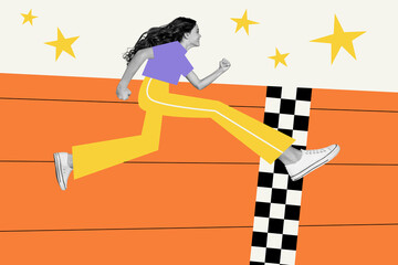 Fototapeta premium Young woman jumping over a finish line in a colorful collage style running toward success and victory in a playful abstract sports concept