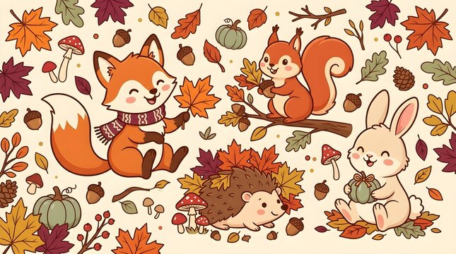 Cute Autumn Animals with Fox Squirrel Hedgehog and Rabbit in Fall Season