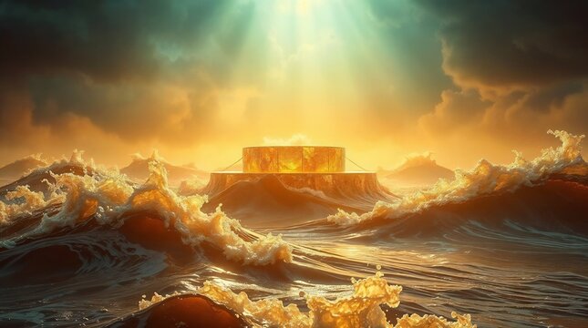 Dramatic Golden Ocean Waves Surrounding a Coastal Structure, Rising Sea Level and Climate Change Concept