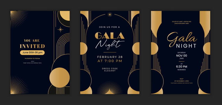 Premium gala night invitation card set with geometric art deco golden shapes, arches, and dark luxury background design for VIP event, celebration, and elite branding use