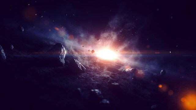 Asteroid Field Explosion with Radiant Light Burst in Deep Space Cinematic Sci-Fi Background