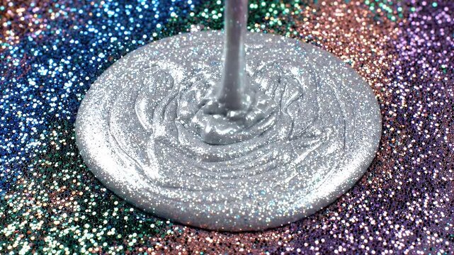 Silver Liquid Glitter Pour on Iridescent Background - A stream of silver liquid glitter is poured onto a surface covered in multi-colored iridescent glitter.