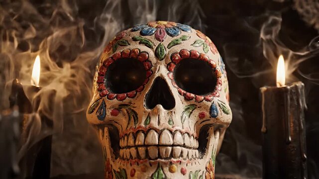 Decorated Sugar Skull with Candles and Smoke - A close-up view of a vibrantly decorated sugar skull, commonly used in Day of the Dead celebrations, is illuminated by flickering candlelight.