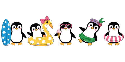Fototapeta premium A collection of five cute cartoon penguins enjoying summer activities, including surfing, swimming with a float, eating ice cream, and wearing a hula skirt