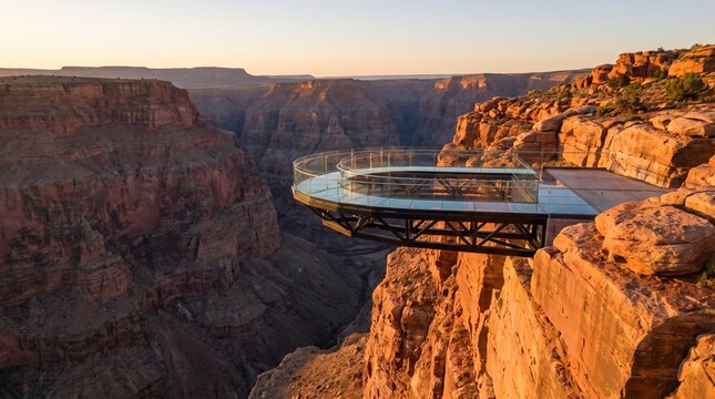 Cantilevered transparent glass observation skywalk extending over a massive red rock canyon at sunset