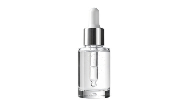 glass dropper bottle with cap, holding serum, isolated on transparent background, PNG