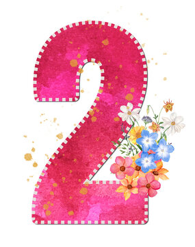 Decorative Pink Watercolor Number 2 with Floral Flowers and Golden Splashes