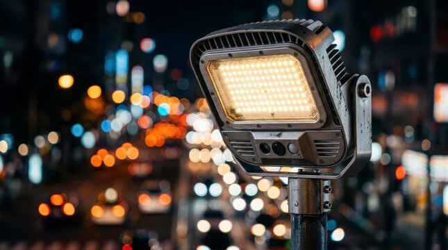 Glowing Smart Street Light Illuminating Urban Traffic at Night in a Modern Cityscape with Blurred Vehicle Lights
