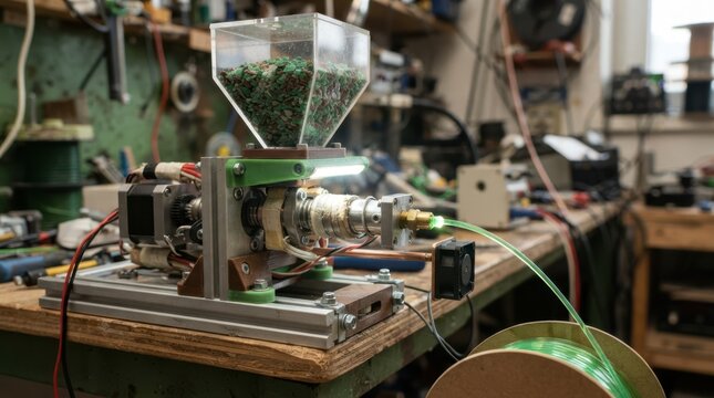 Low-cost filament extruder turning recycled plastic pellets into polymer strand, showcasing sustainable manufacturing and recycling technology.