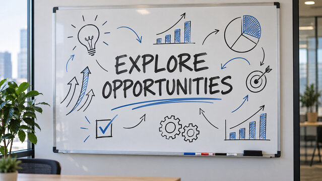 "explore opportunities" handwritten on large office whiteboard surrounded by business strategy sketches and charts