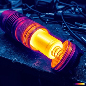 Infrared thermography scan showing extreme overheating and potential thermal runaway of a lithium-ion rechargeable battery cell inside an opened metal flashlight on a workbench.