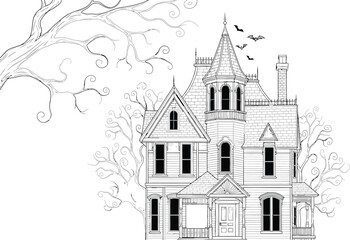 Fototapeta premium Vintage line drawing of a quaint church with steeple and cross.