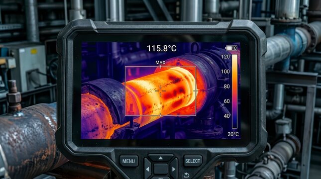 Thermal Camera Capturing Elevated Pipe Heat in Industrial Setting with Detailed Temperature Visualization