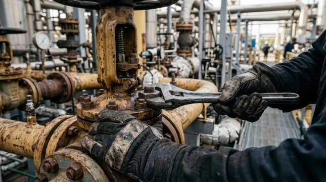 Technician Performing Maintenance on Rusty Pipeline Valve Using Adjustable Wrench in Industrial Oil and Gas Facility