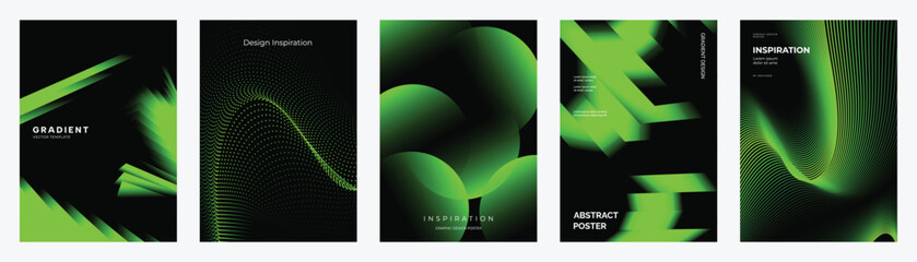 Fototapeta na wymiar Abstract green gradient poster templates set. Vector futuristic dark backgrounds with glowing curves, mesh waves, 3D arches, geometric blocks and flowing neon forms for creative layouts.