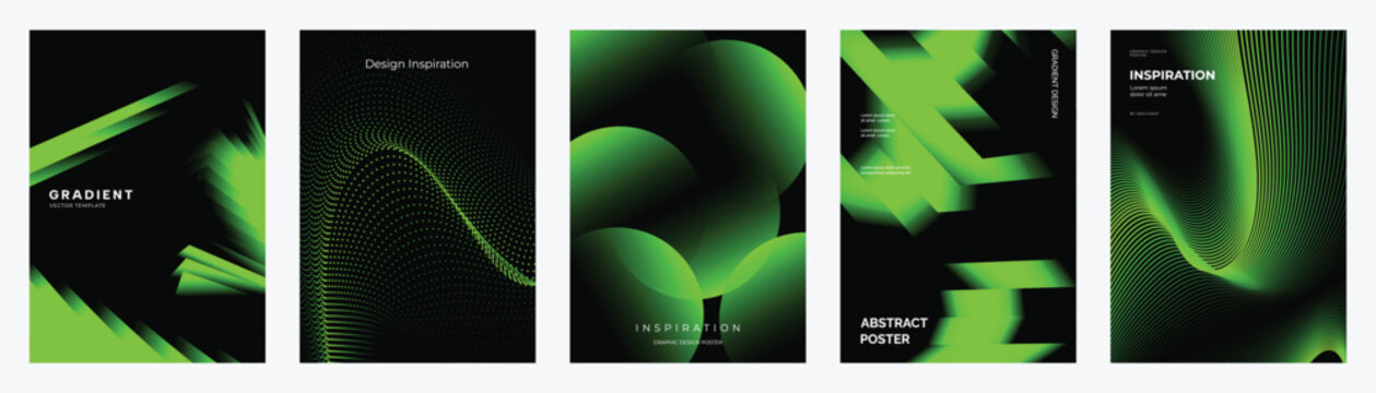 Abstract green gradient poster templates set. Vector futuristic dark backgrounds with glowing curves, mesh waves, 3D arches, geometric blocks and flowing neon forms for creative layouts.