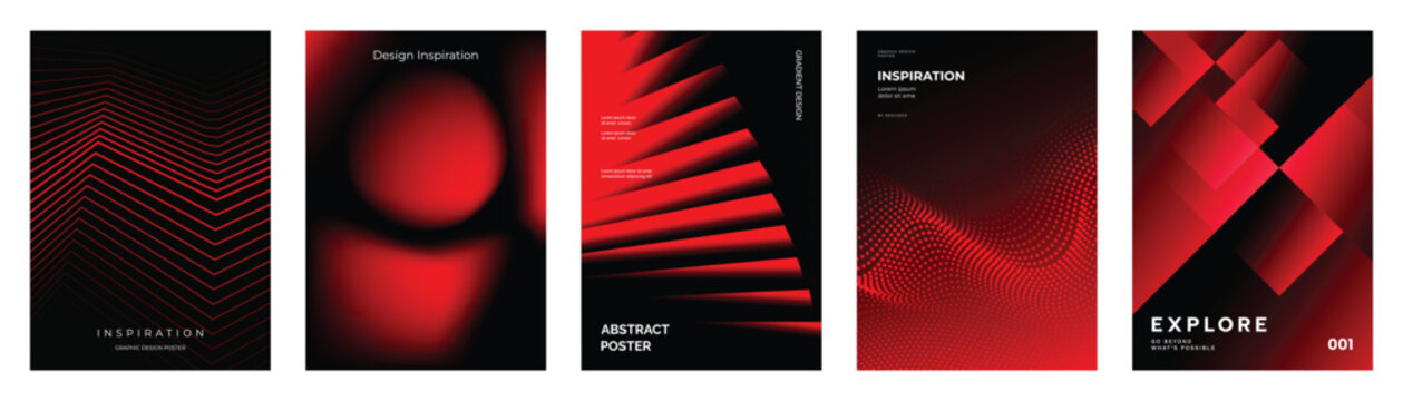 Abstract red gradient poster templates set. Vector dark backgrounds with glowing sphere, chevron lines, layered stairs, mesh waves and geometric tiles for dramatic modern creative layouts.