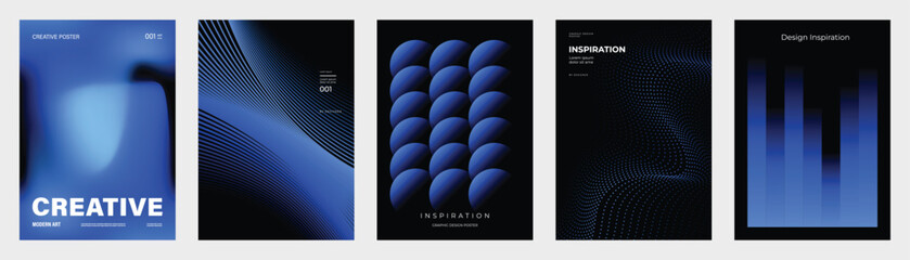 Fototapeta na wymiar Abstract blue gradient poster templates set. Vector futuristic backgrounds with flowing waves, 3D spheres, mesh lines, blurred shapes and geometric bars for modern creative layouts.