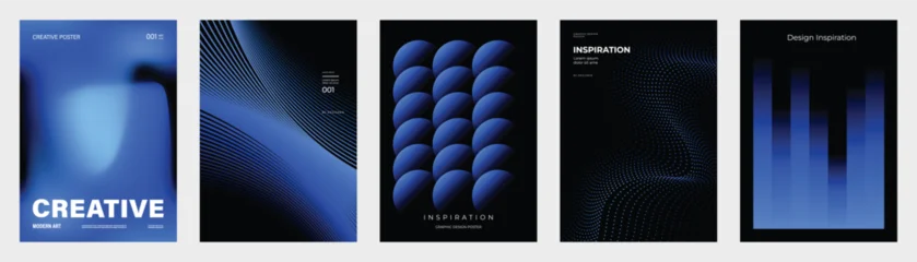 Abstract blue gradient poster templates set. Vector futuristic backgrounds with flowing waves, 3D spheres, mesh lines, blurred shapes and geometric bars for modern creative layouts. © TWINS DESIGN STUDIO