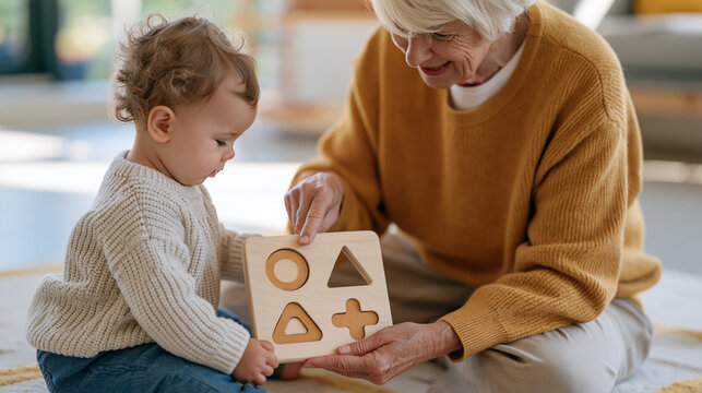 An elderly female classroom aide helps a toddler puzzle together a wooden shape sorter on the floor, both seated on a soft mat, multi generational caregiving and early cognitive