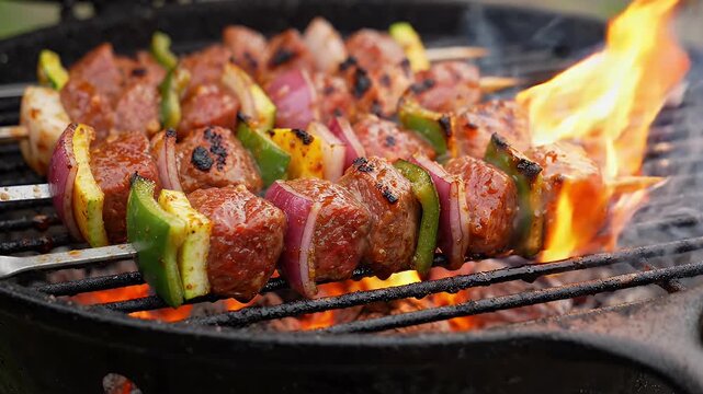Meat and Vegetable Skewers Grilling Over Open Flames - Close-up shot of marinated meat and vegetable skewers cooking on a hot grill with visible flames.
