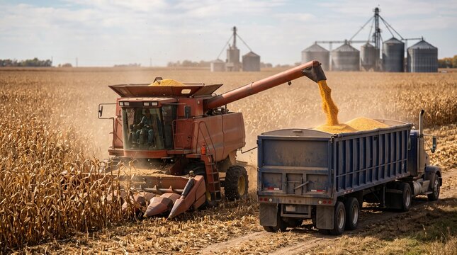 Combine harvester pouring harvested corn grain into a tractor trailer in a field at sunset.