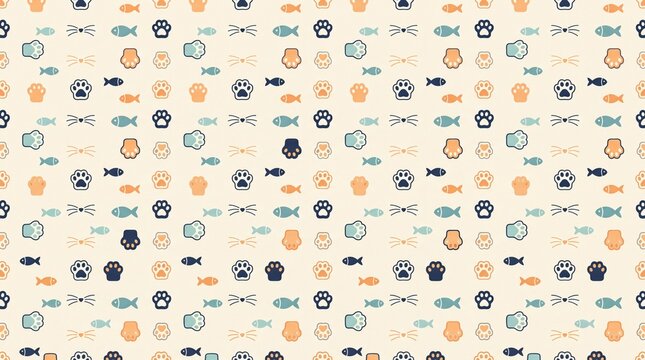 Seamless pattern of cute cat paw prints and fish icons