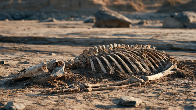 Bones of a large animal partially buried in dried riverbed sediment, harsh afternoon light, wildlife mortality, drought impact on fauna, water scarcity consequences, veterinary