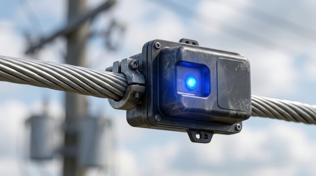 Grid Monitoring Sensor Installed On Powerline With Clear Blue Sky And Utility Poles In Background