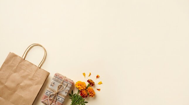 Gift items with a paper bag and marigold flowers arranged on a neutral background for diwali indian festival gift giving marigold festival shopping traditional celebration decoration presents