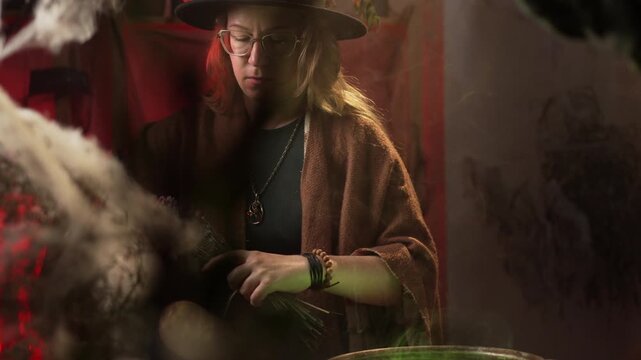 realistic witch brewing a potion. She is twirling a bouquet of dried lavender and reciting a spell. Everyday life intertwined with traditional witchcraft. Magic and a mystical atmosphere.