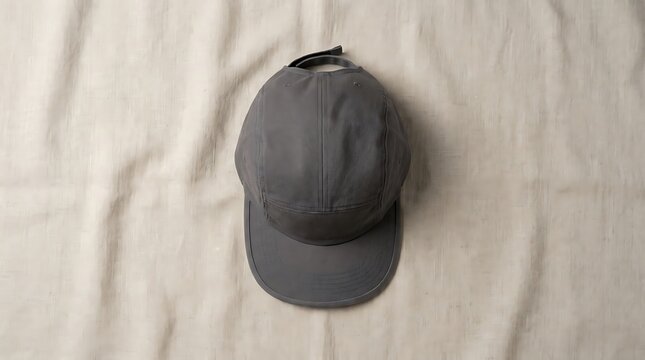 A stylish grey 5 panel cap laid flat on a light neutral textured background, top view product photo style
