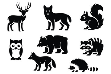 Obraz premium Collection of black animal silhouettes including a deer, wolf, squirrel, owl, bear, raccoon, fox, and hedgehog on a white background, representing forest wildlife