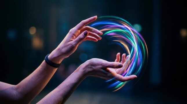 Dancer Creating Light Trails with Hands in a Dynamic Performance on Stage with Vibrant Colors and Artistic Motion Effects