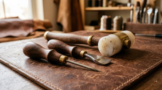Leather Crafting Tool Set on Work Surface in Artisan Workshop with Detailed Equipment for Handmade Projects
