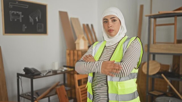 Woman carpenter with arms crossed beside stacked lumber and hand tools in a studio; confidence craftsmanship.