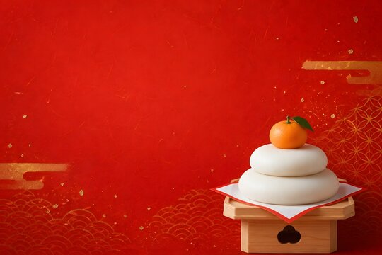 鏡餅を配置した赤金の正月祝賀背景素材