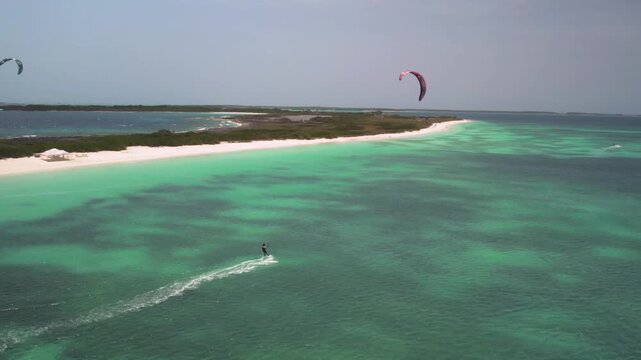Aerial view of kitesurfing in Los Roques archipelago, Venezuela.