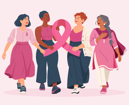 Illustration vectorielle de femmes diverses et interg&eacute;n&eacute;rationnelles tenant un grand ruban rose, symbole de la sensibilisation au cancer du sein. Une sc&egrave;ne inclusive exprimant solidarit&eacute; et espoir