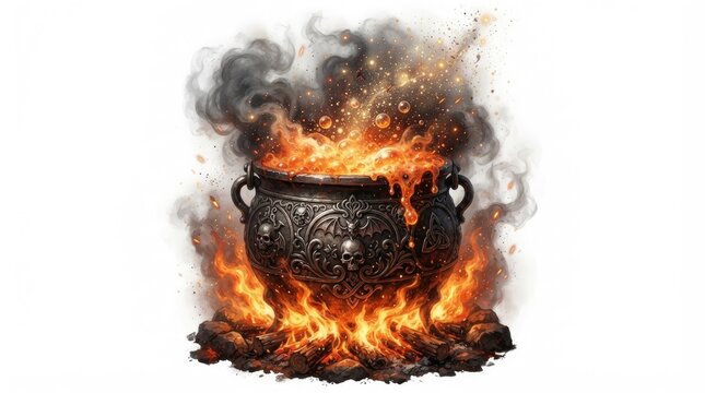 Dark cauldron bubbling with magical fire and smoke