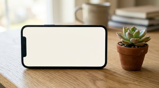 Smartphone Displaying Loan Application on a Wooden Table with Succulent Plant in a Modern Workspace Setting