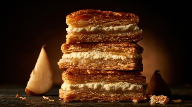 A pear mille-feuille pastry tower with layers of puff pastry, cream, and pear is showcased on a dark surface, illuminated by a warm spotlight.