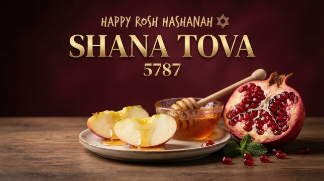 Elegant Rosh Hashanah festive table setting with sliced apples honey bowl and open pomegranate on wooden background.