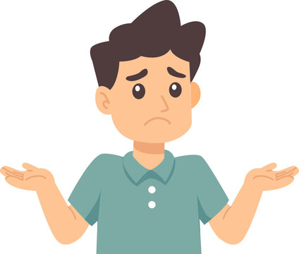 Confused boy with brown hair, blue shirt, palms open, uncertain expression. Ideal for educational materials, childrens books, or counseling illustrations.