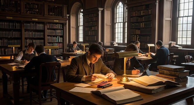 Students studying in traditional library with vintage bookshelf atmosphere.