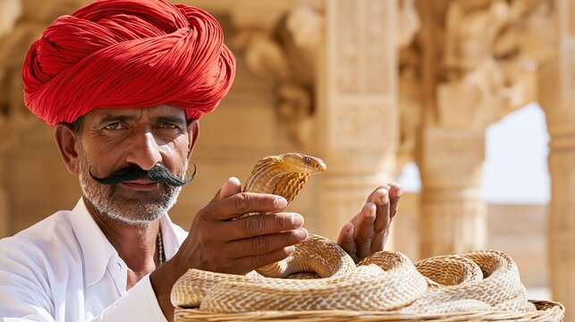 Indian man in red turban holds cobra in basket at desert site