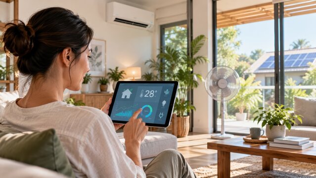 A woman controls a smart thermostat on a tablet in a bright, modern living room with large windows and plants.